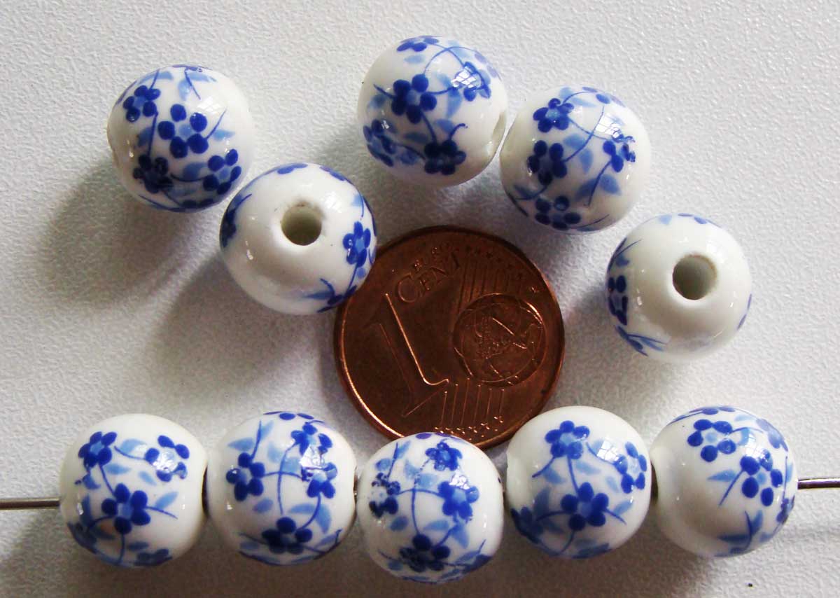 perle porcelaine blanc fleur bleu 10mm por-19