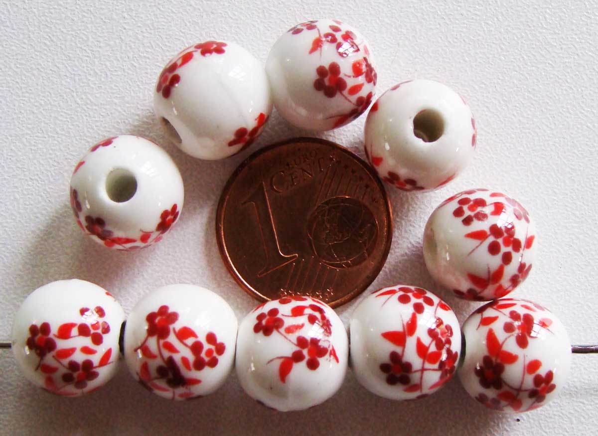perle porcelaine blanc fleur rouge 10mm por-20