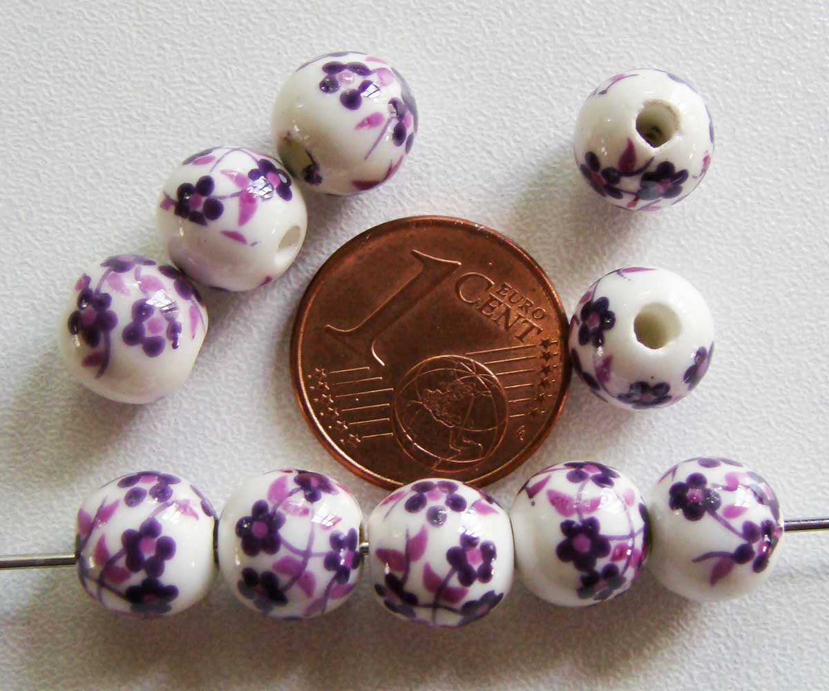 perle porcelaine blanc fleur violet 8mm por-17