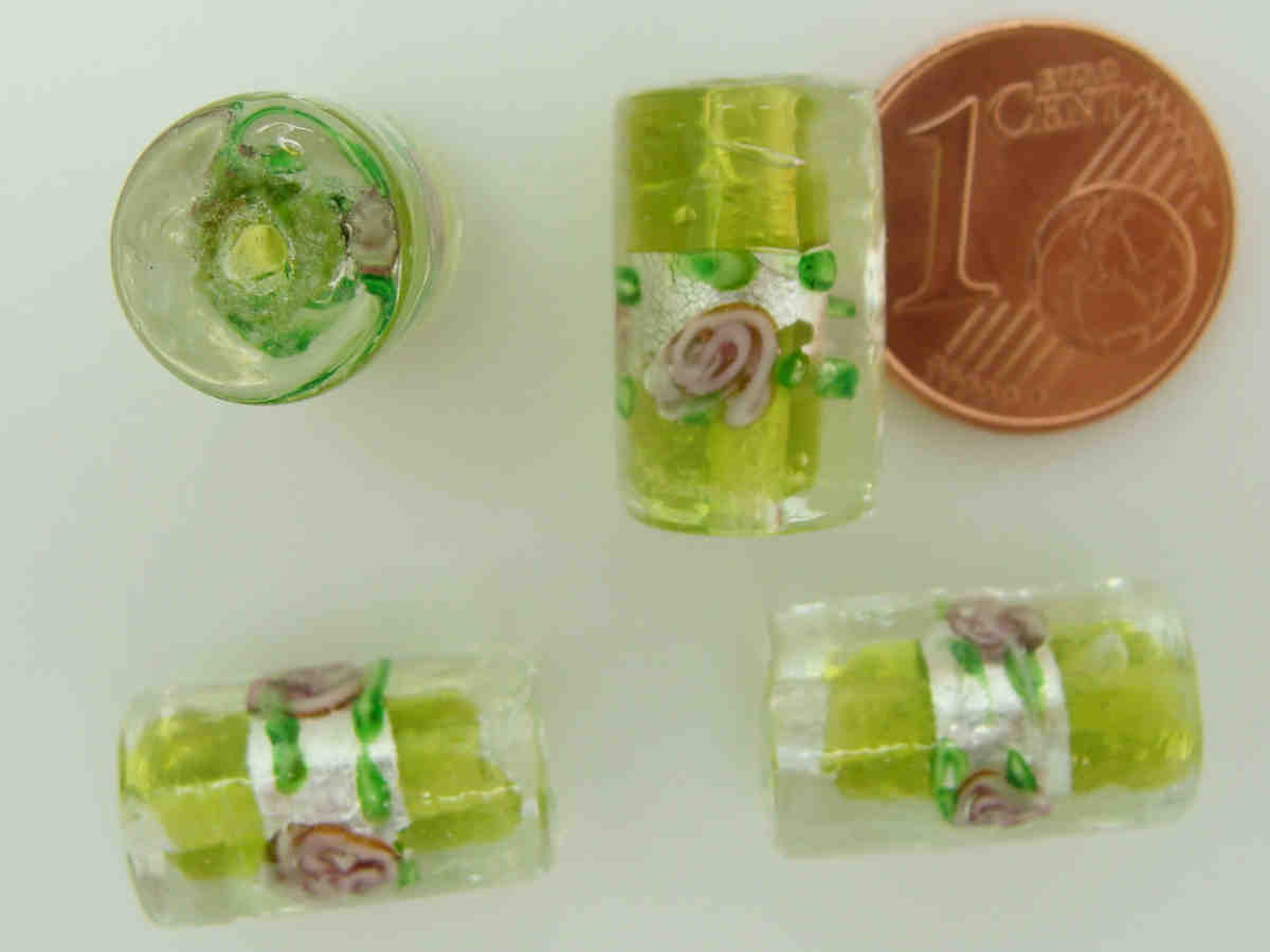 perle tube bande argent vert clair 16mm