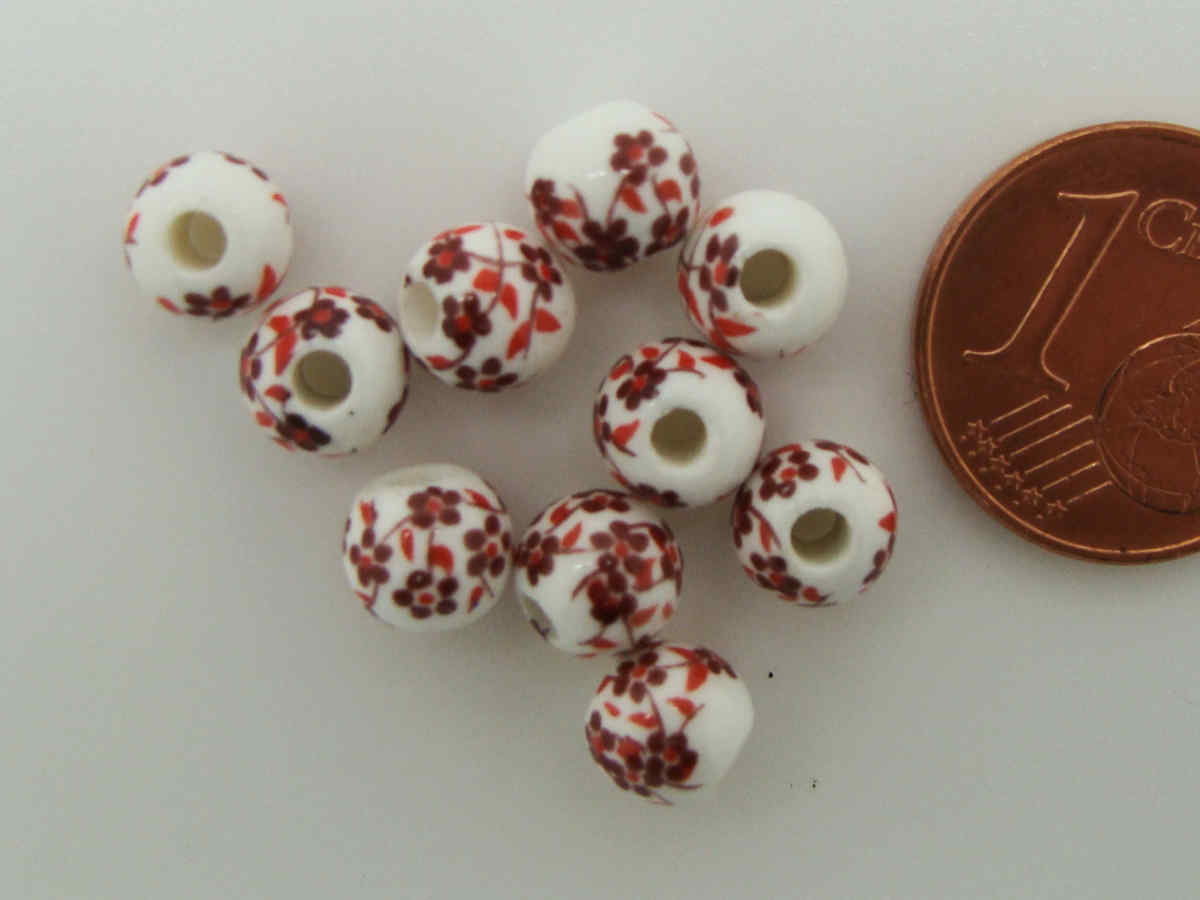perle porcelaine blanc fleur rouge 6mm POR29