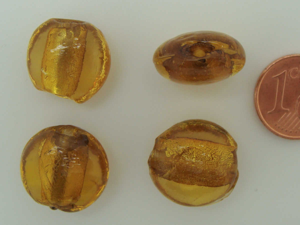 perle murano galet 15mm marron dore
