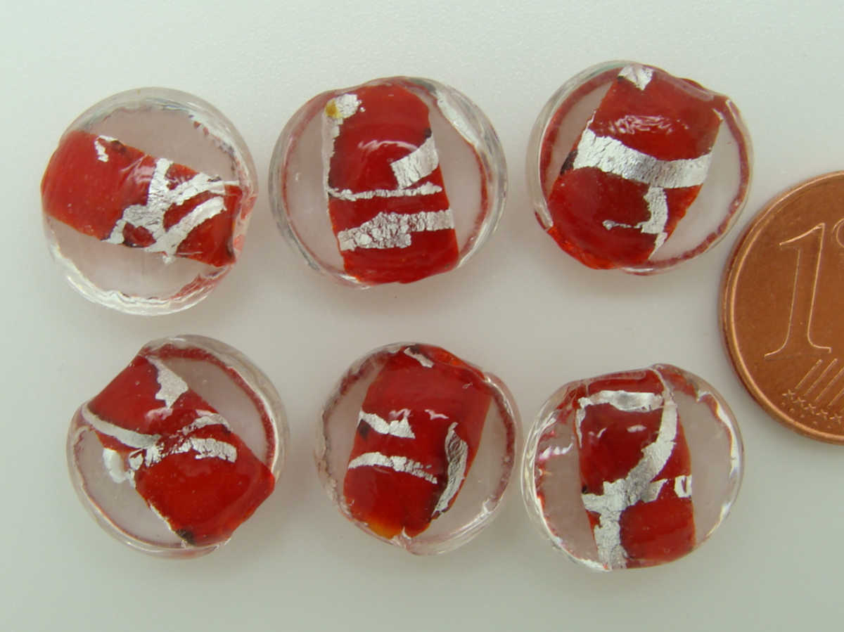 perle verre galet 12mm rouge ruban arg