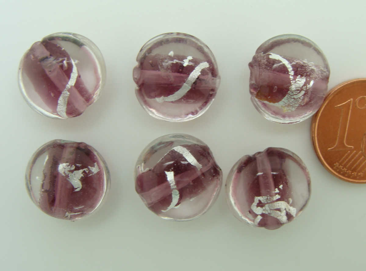 perle verre galet 12mm violet ruban arg