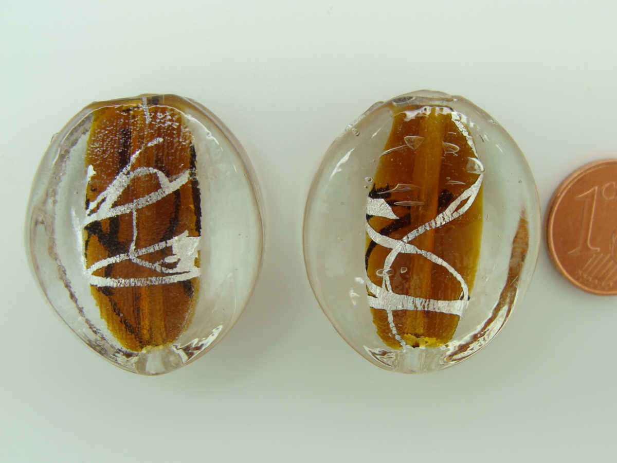 perle verre galet 29mm marron ruban arg
