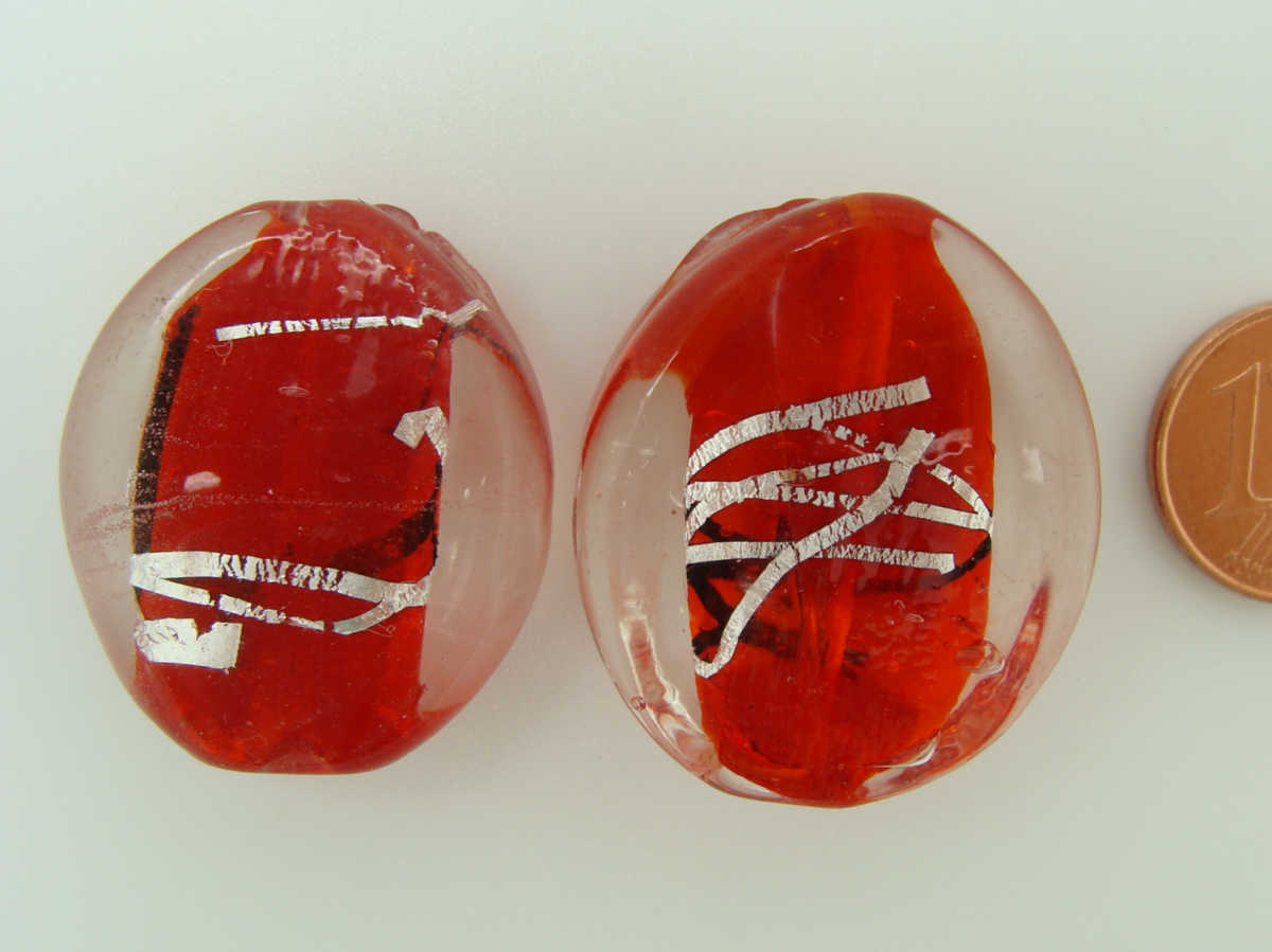perle verre galet 29mm rouge ruban arg