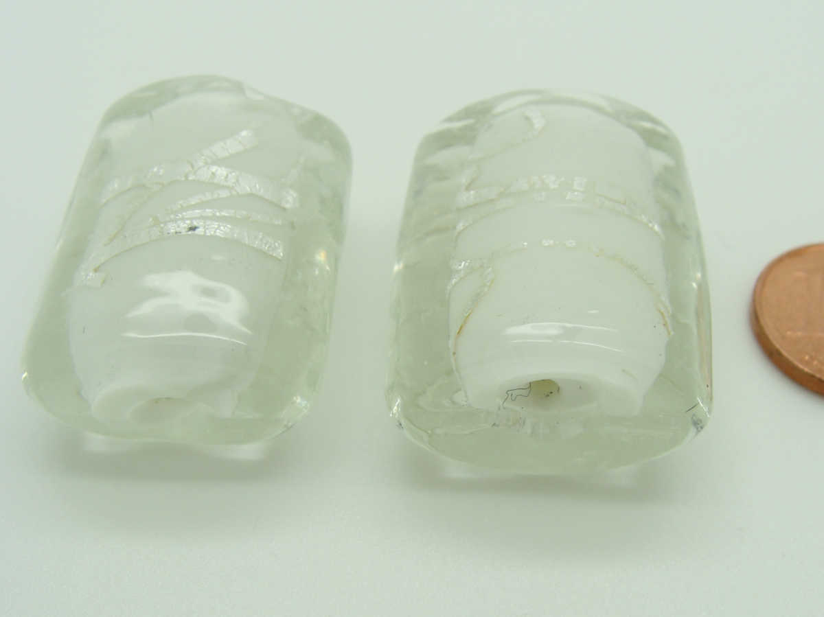 perle verre tube 30mm blanc ruban arg