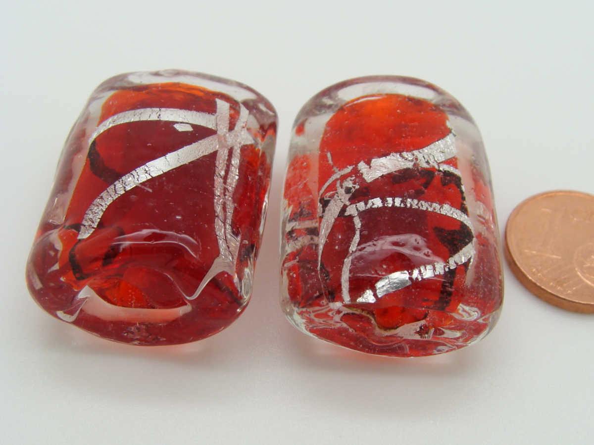 perle verre tube 30mm rouge ruban arg