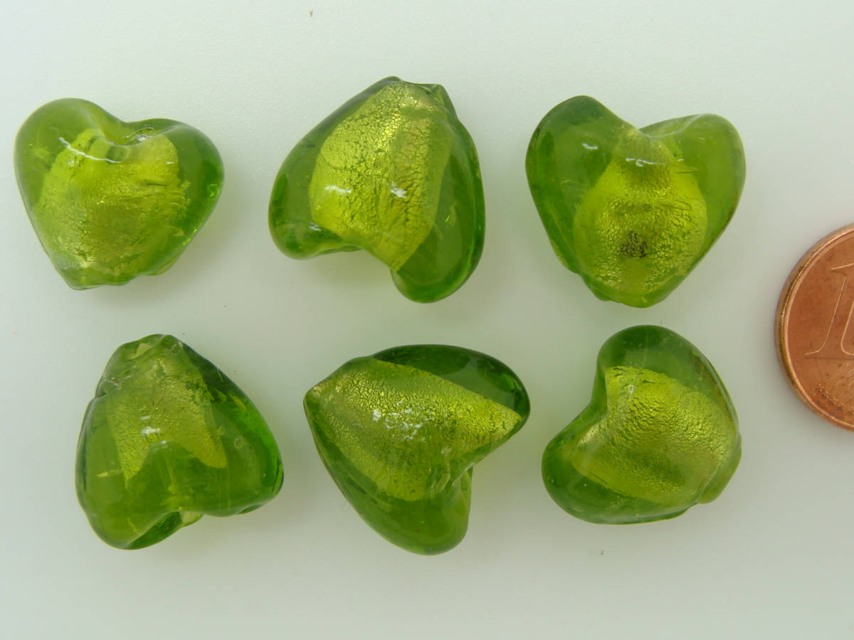 perle coeur 15mm vert olive feuille argente