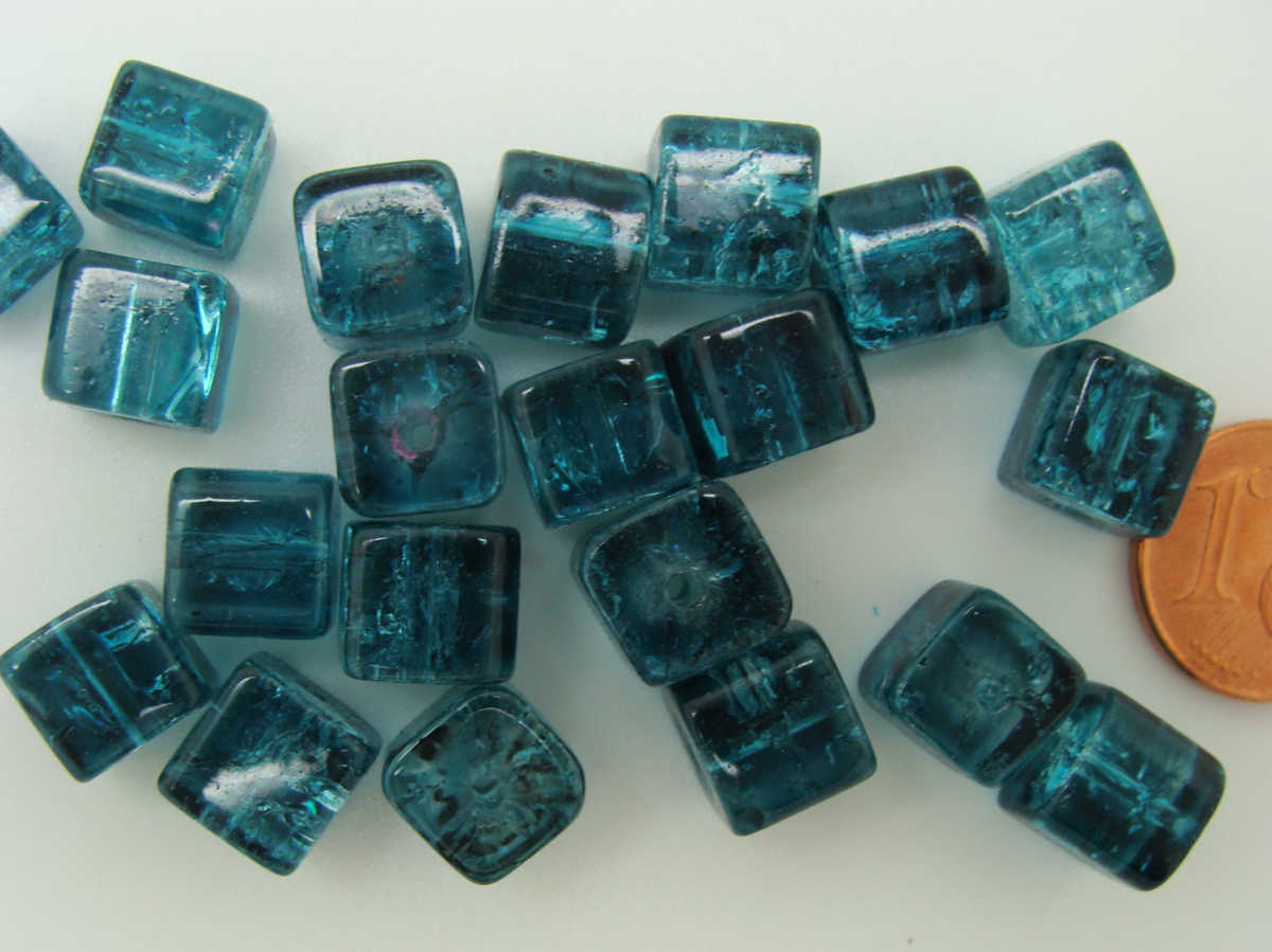 perle verre craquele cube 8mm bleu vert