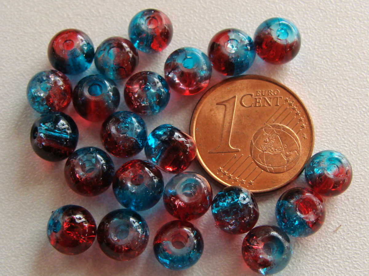 perle verre craquele 6mm bleu rouge