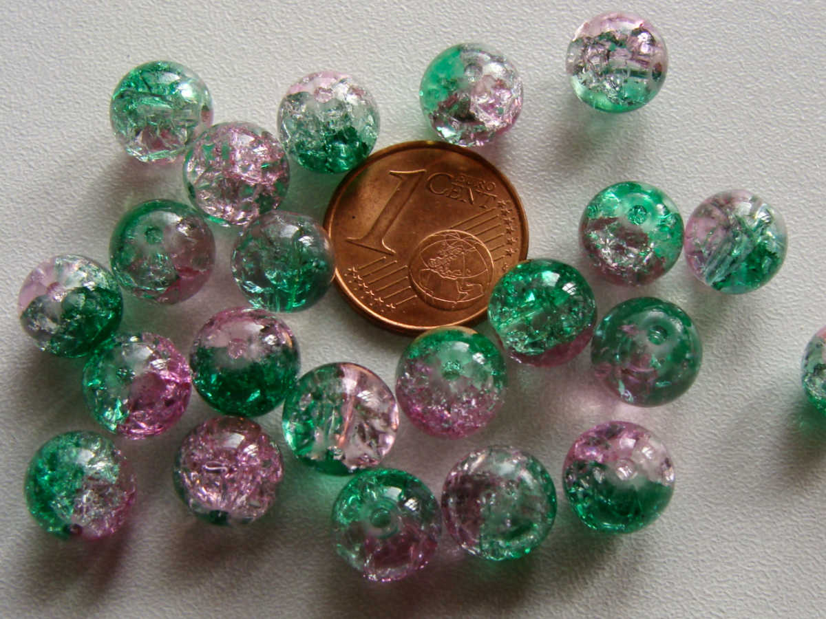 perle verre craquele 8mm vert rose