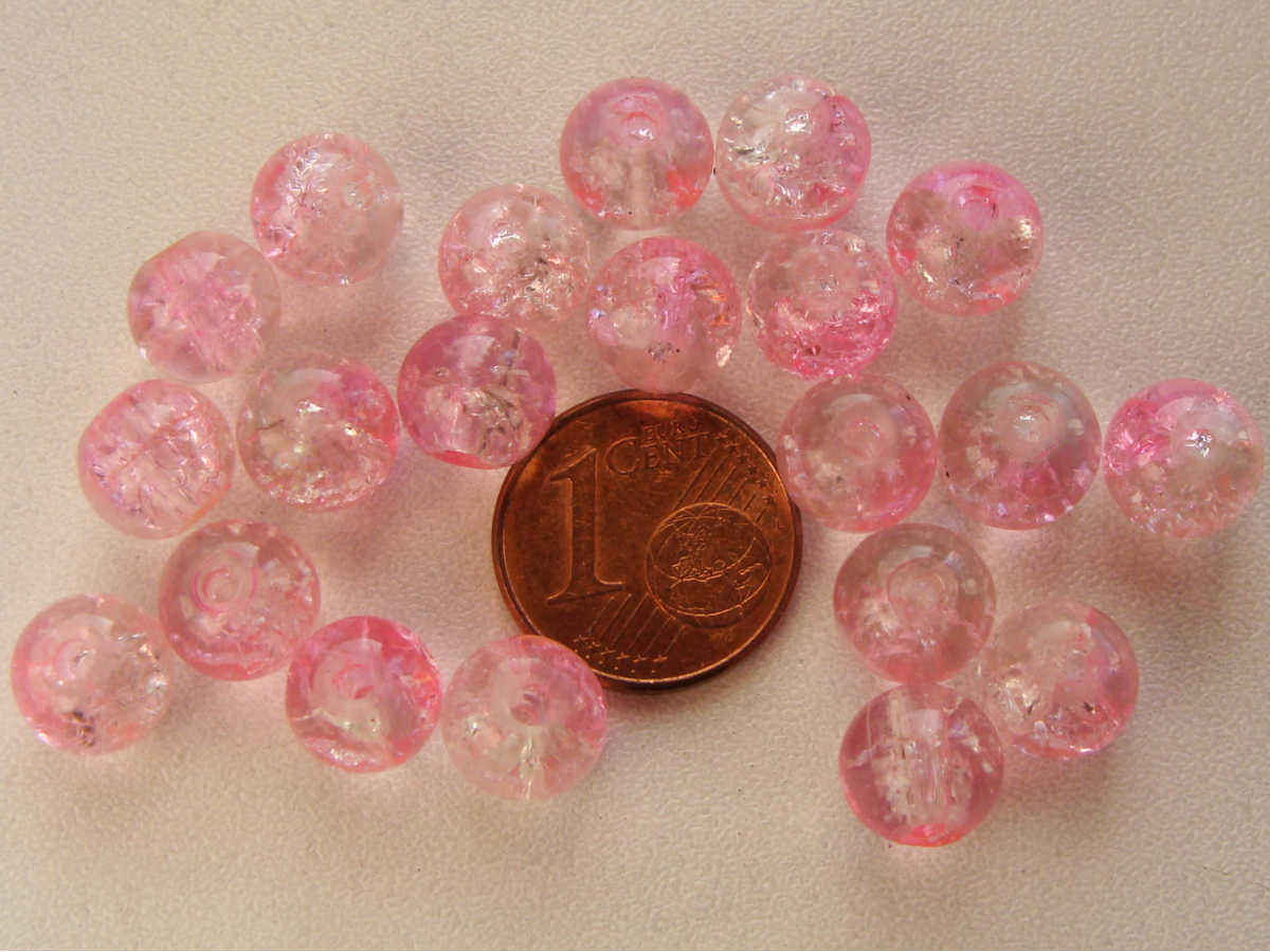 perle verre craquele 8mm rose transp