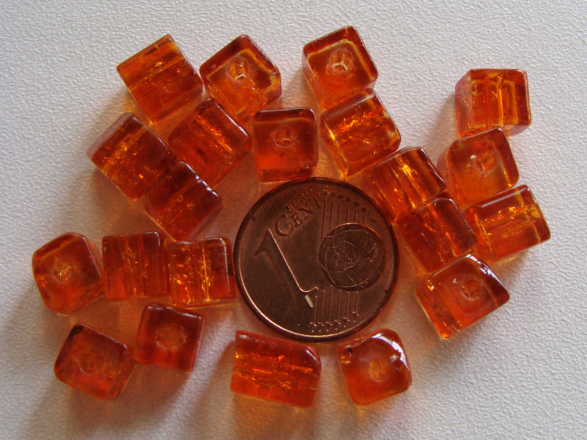 perle verre craquele cube 6mm orange brun
