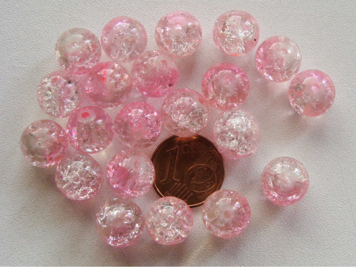 perle verre craquele 10mm rose transp