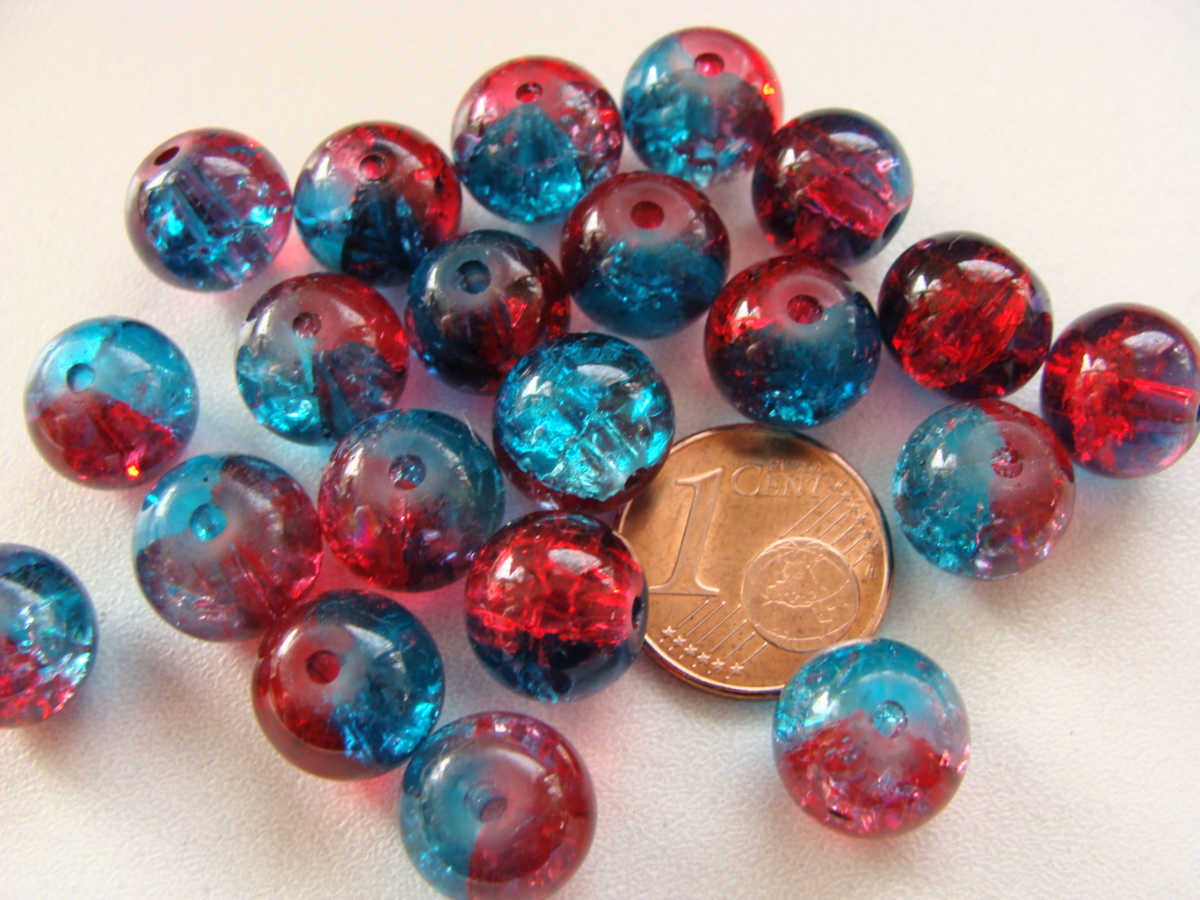 perle verre craquele 10mm rouge bleu