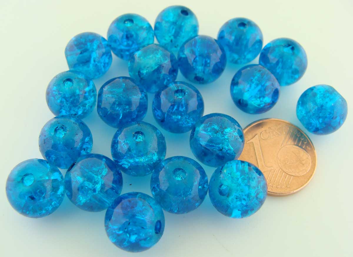 perle verre craquele 10mm bleu vif