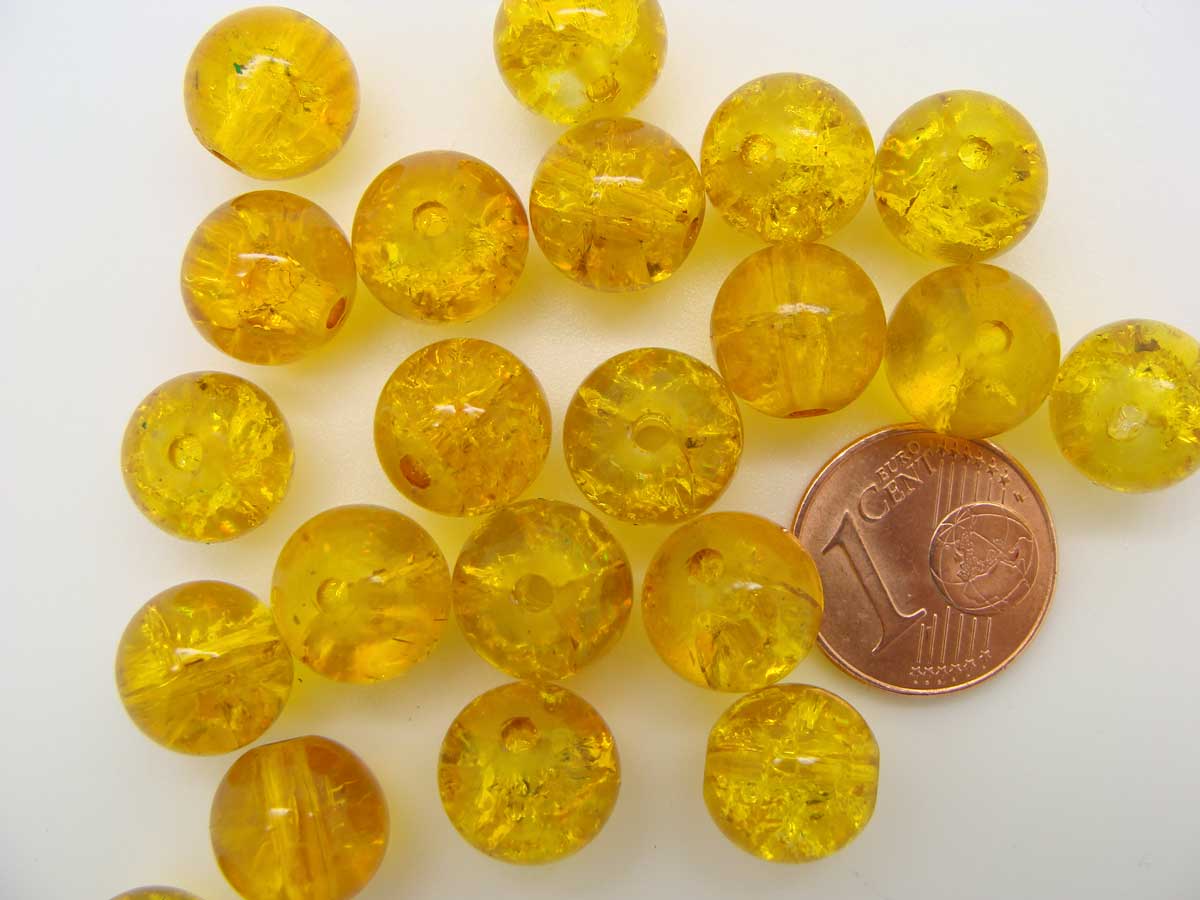 perle verre craquele 10mm jaune miel