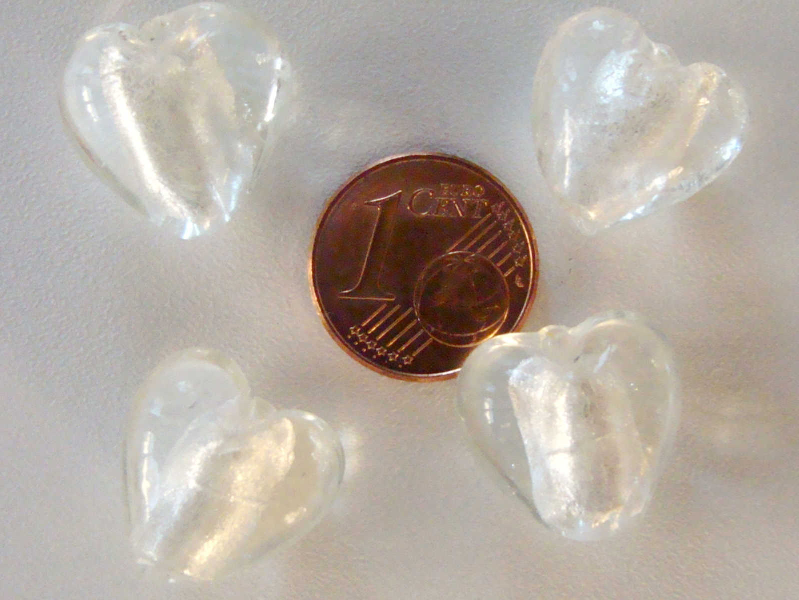 perle coeur 15mm Feuille argente transparent