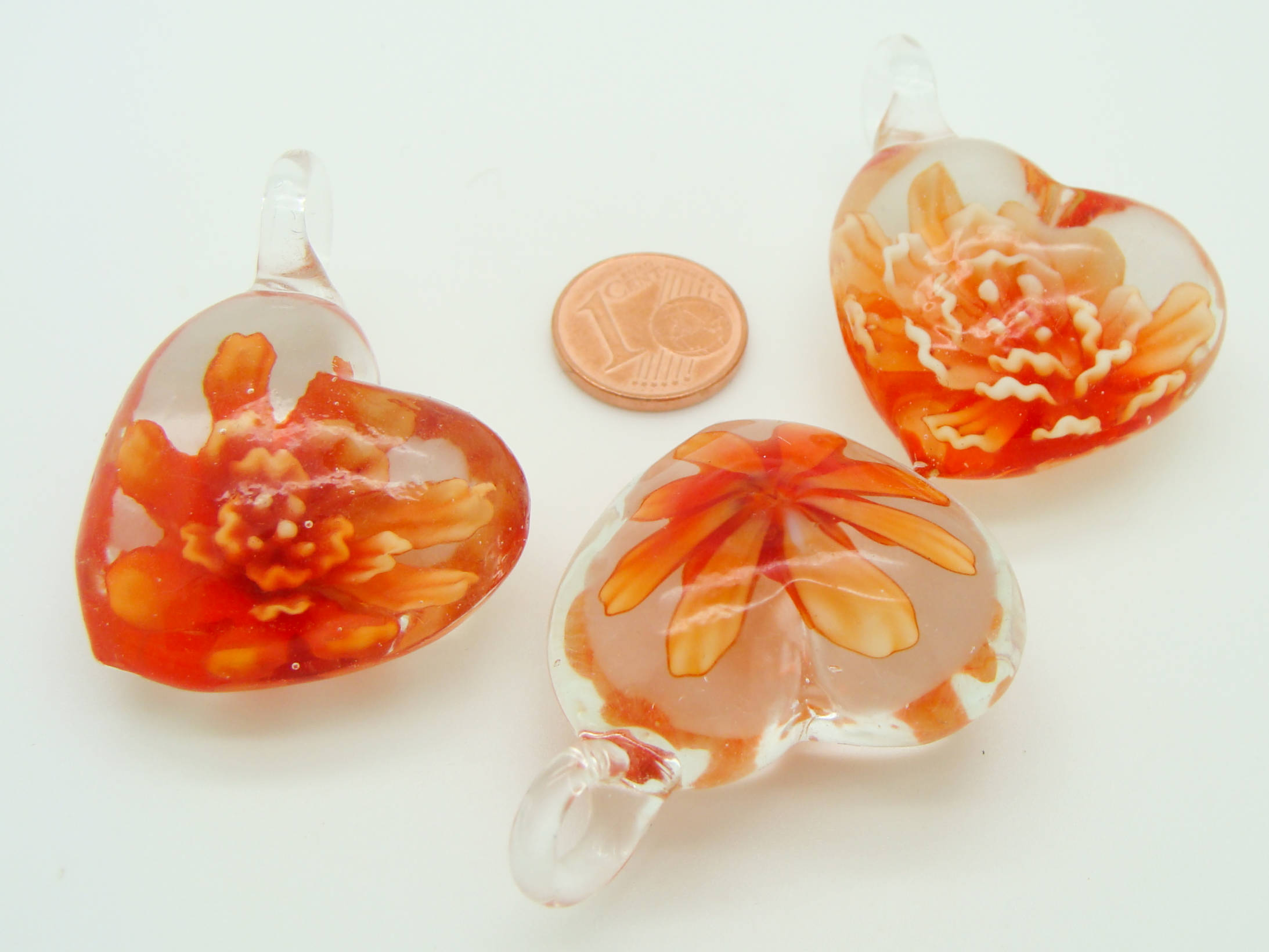 pendentif coeur fleur orange verre 44mm Pend-176-1