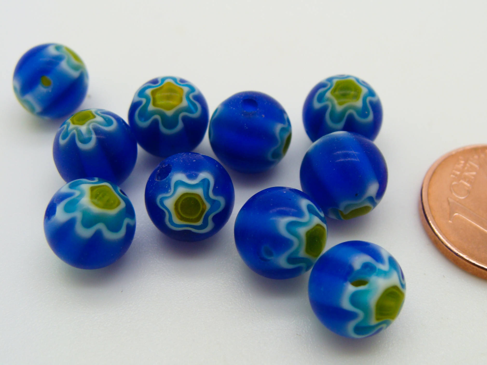 Perles verre Millefiori rondes 8mm Bleu Foncé fleur Jaune par 10 pcs