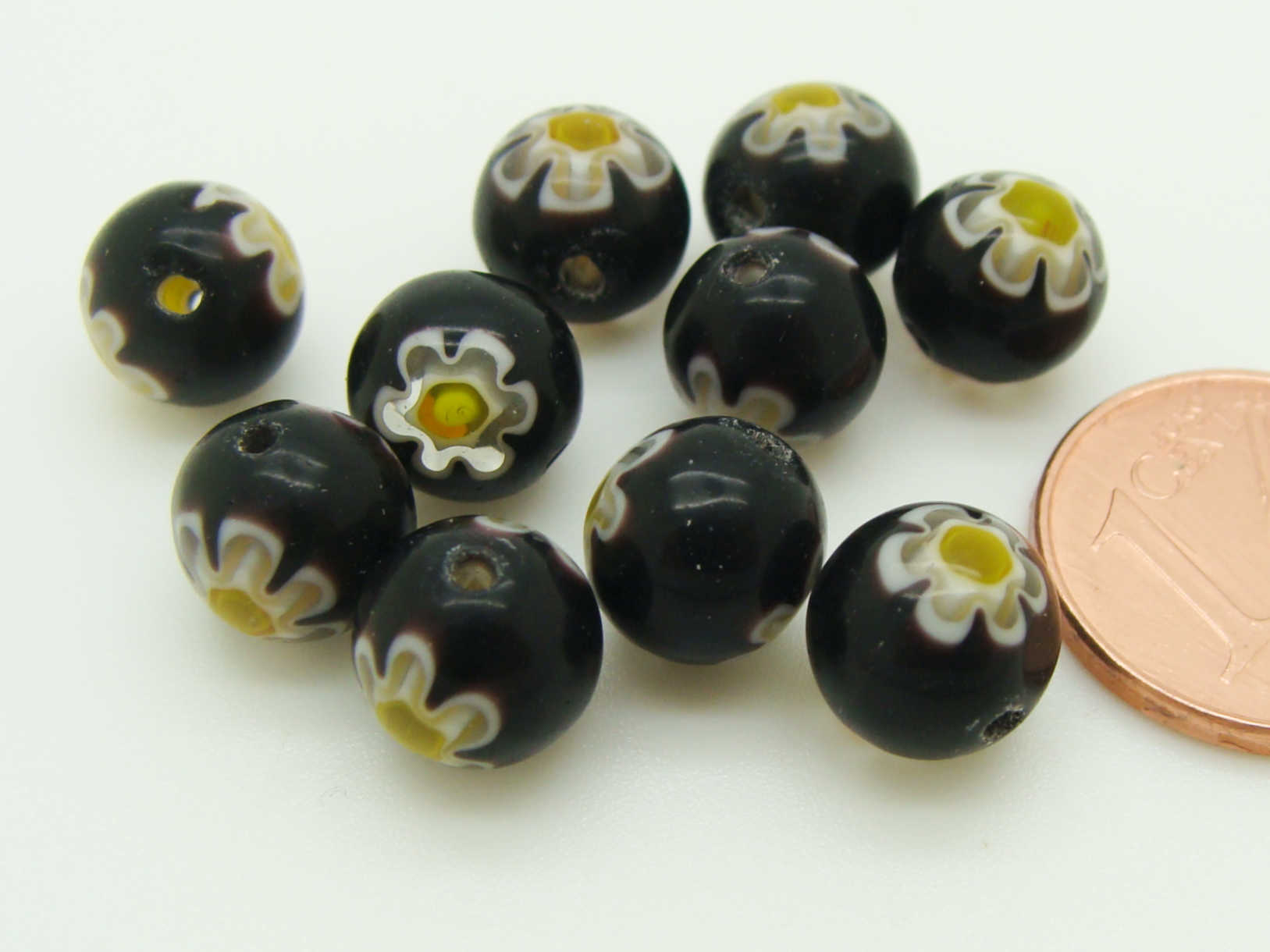 Perles verre Millefiori rondes 8mm Noir Or par 10 pcs