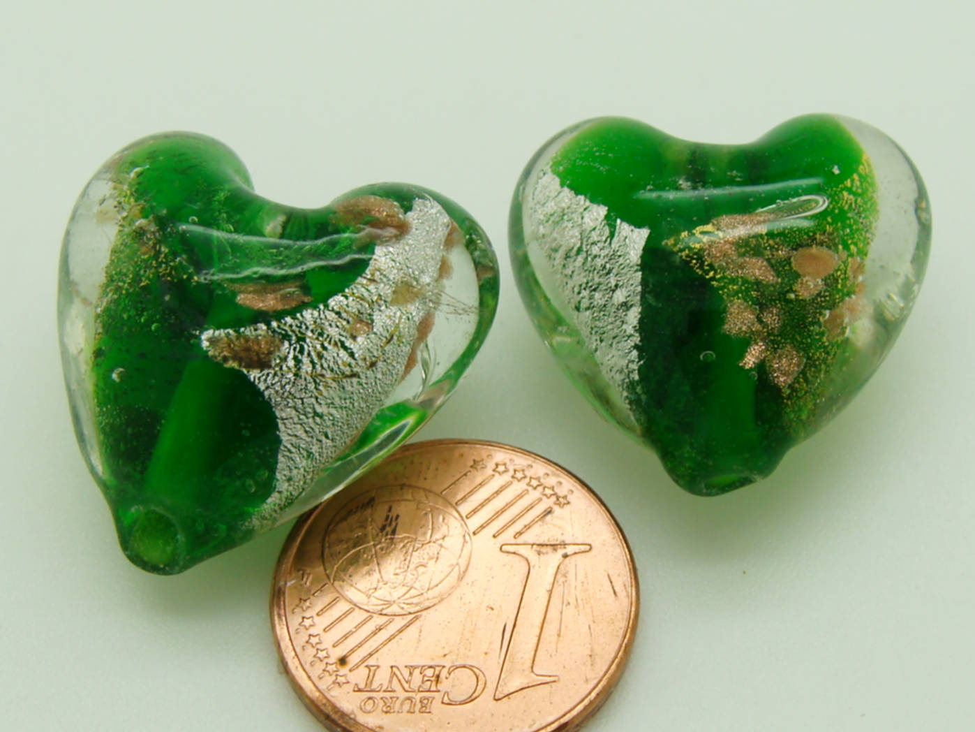 Perle coeur 20mm  bimetal vert verre