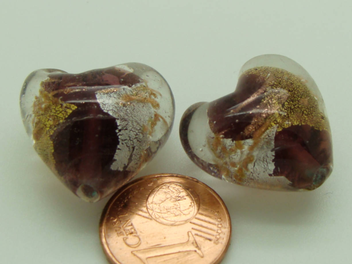Perle coeur 20mm  bimetal violet verre