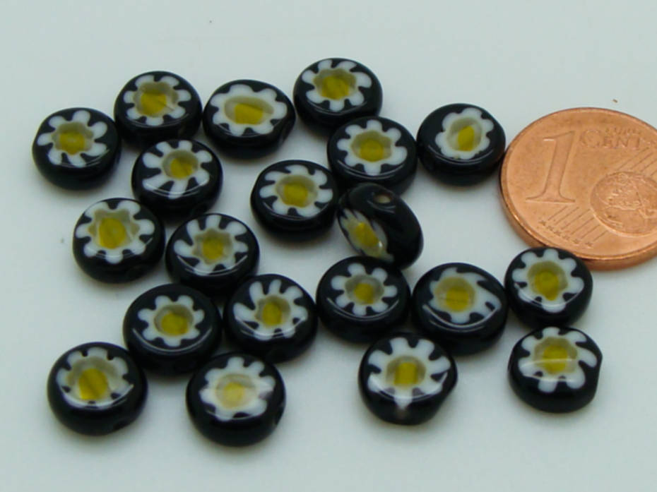 perle verre millefiori disque 8mm noir