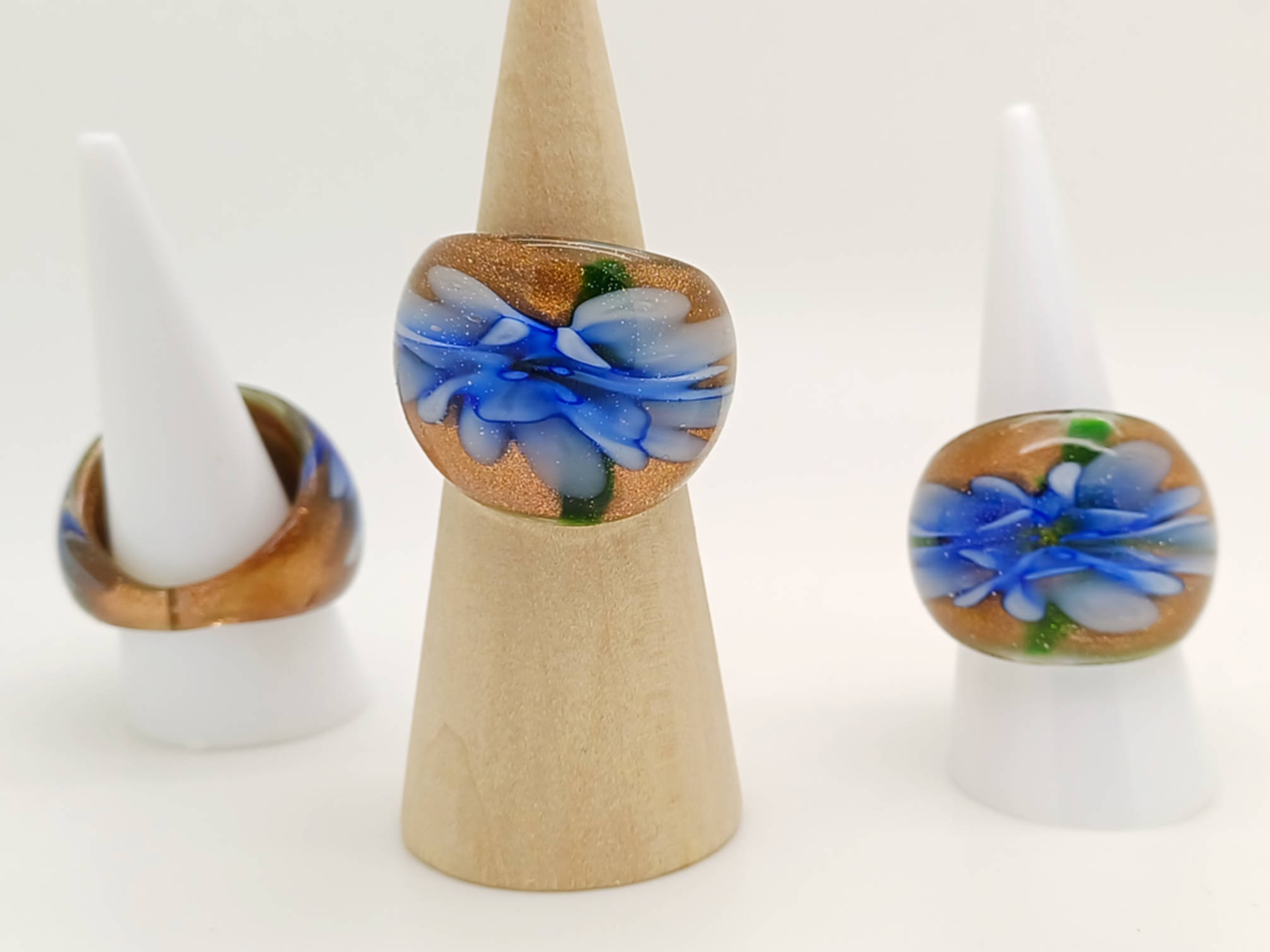 bague verre lampwork fleur bleu fonce dore vert BAG03-bleu-fonce