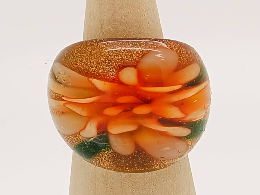 bague verre lampwork fleur orange dore vert BAG03-orange