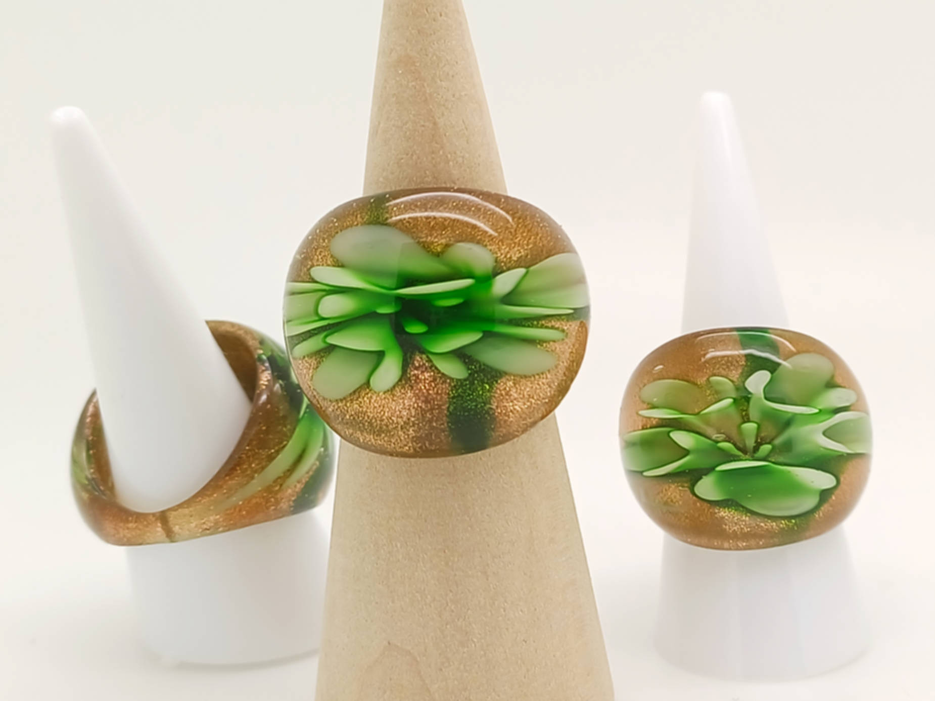 bague fleur verte verre lampwork dore vert BAG03-vert