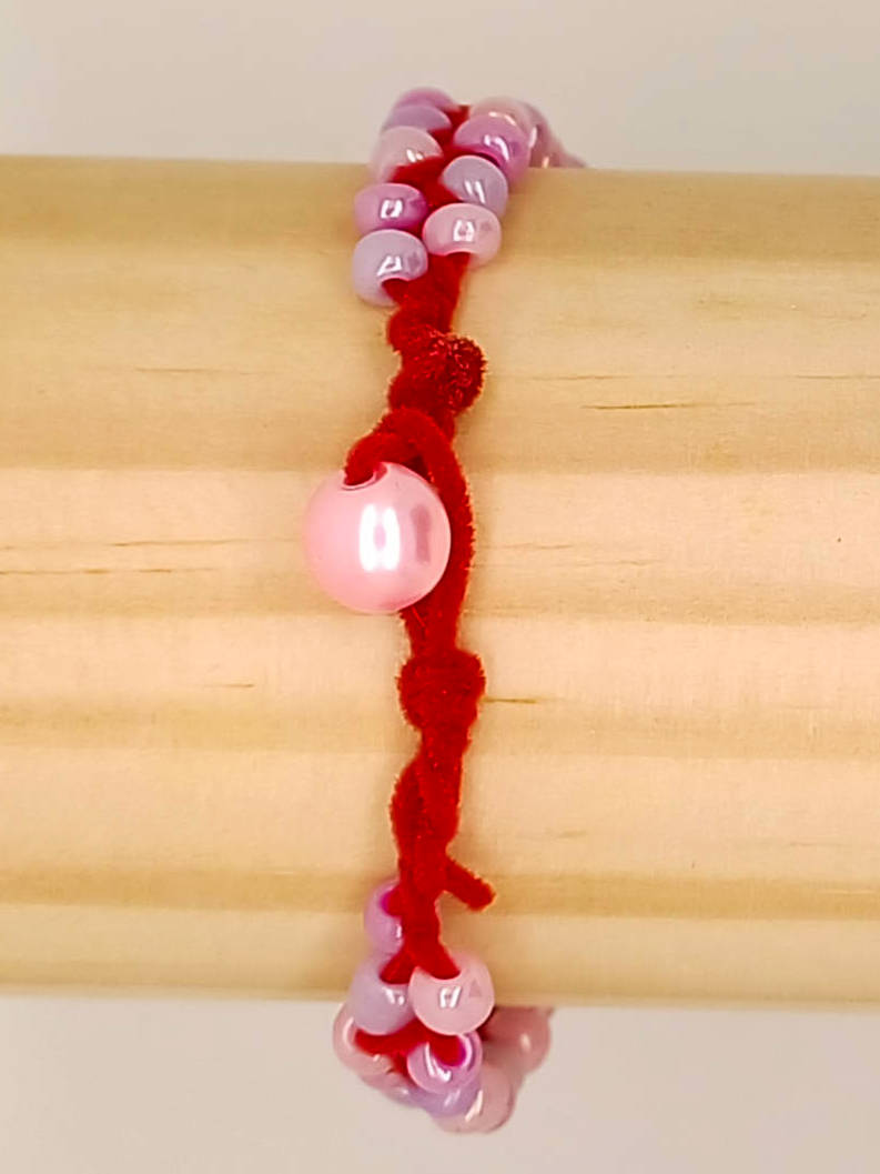 BRA08 bracelet tresse rouge rocaille nacre
