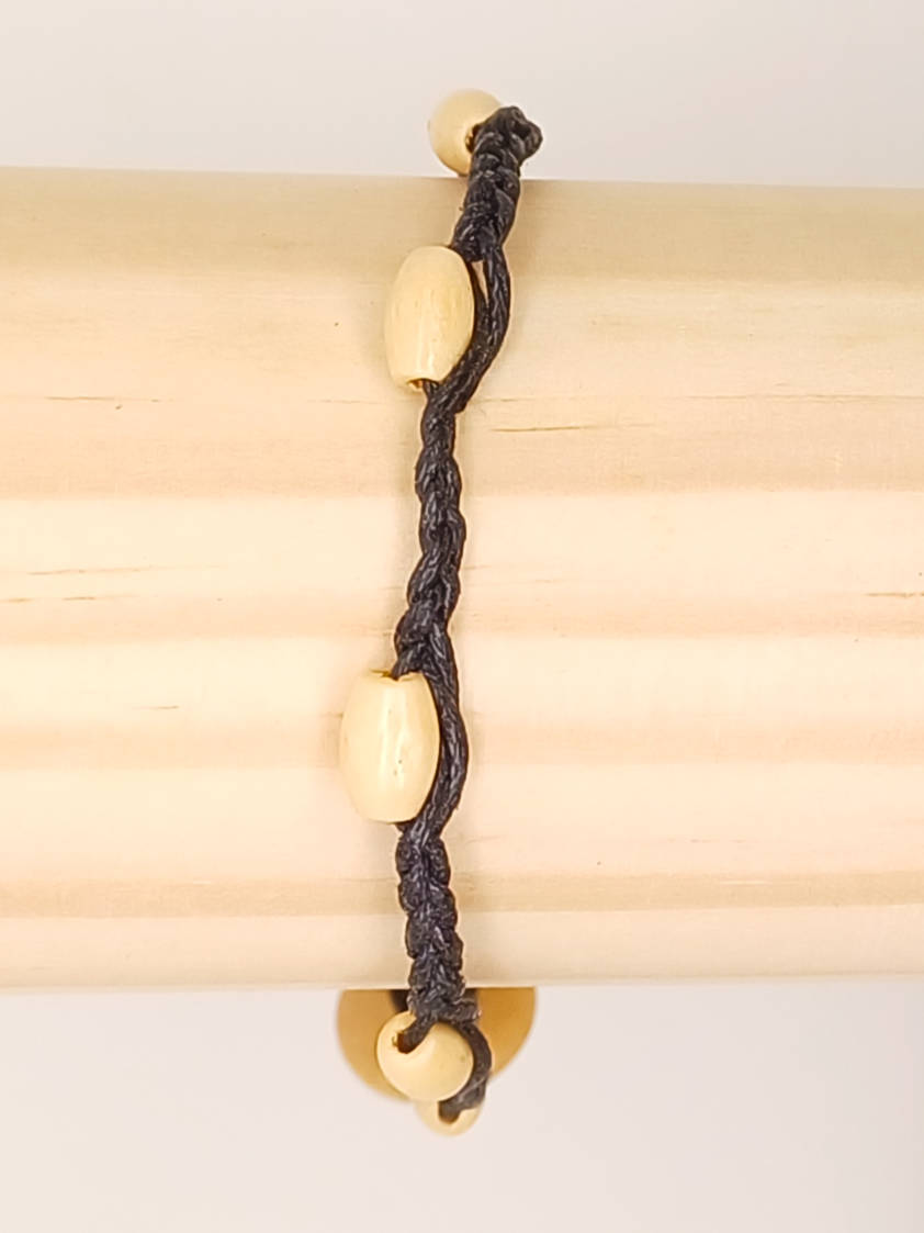 BRA09 bracelet tresse noir perle bois