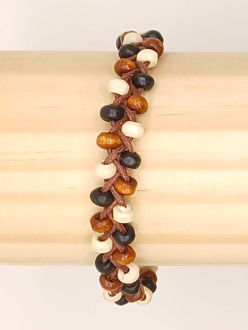 BRA10 bracelet tresse marron perle bois