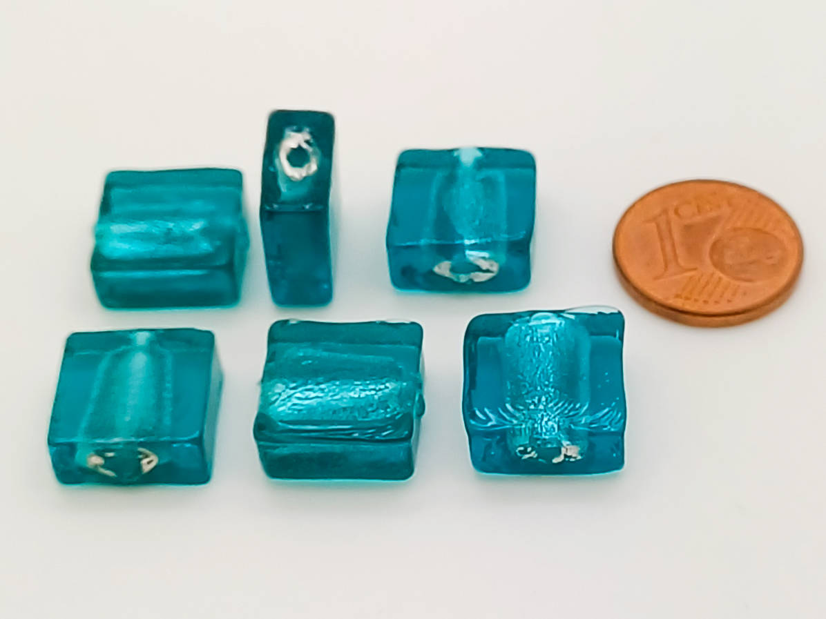perle carre 12mm bleu vert feuille argentee