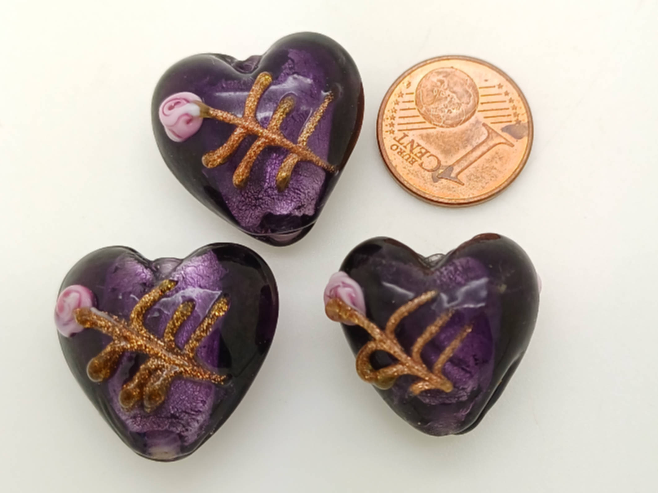 PV-lot-60 perles coeur violet verre lampwork