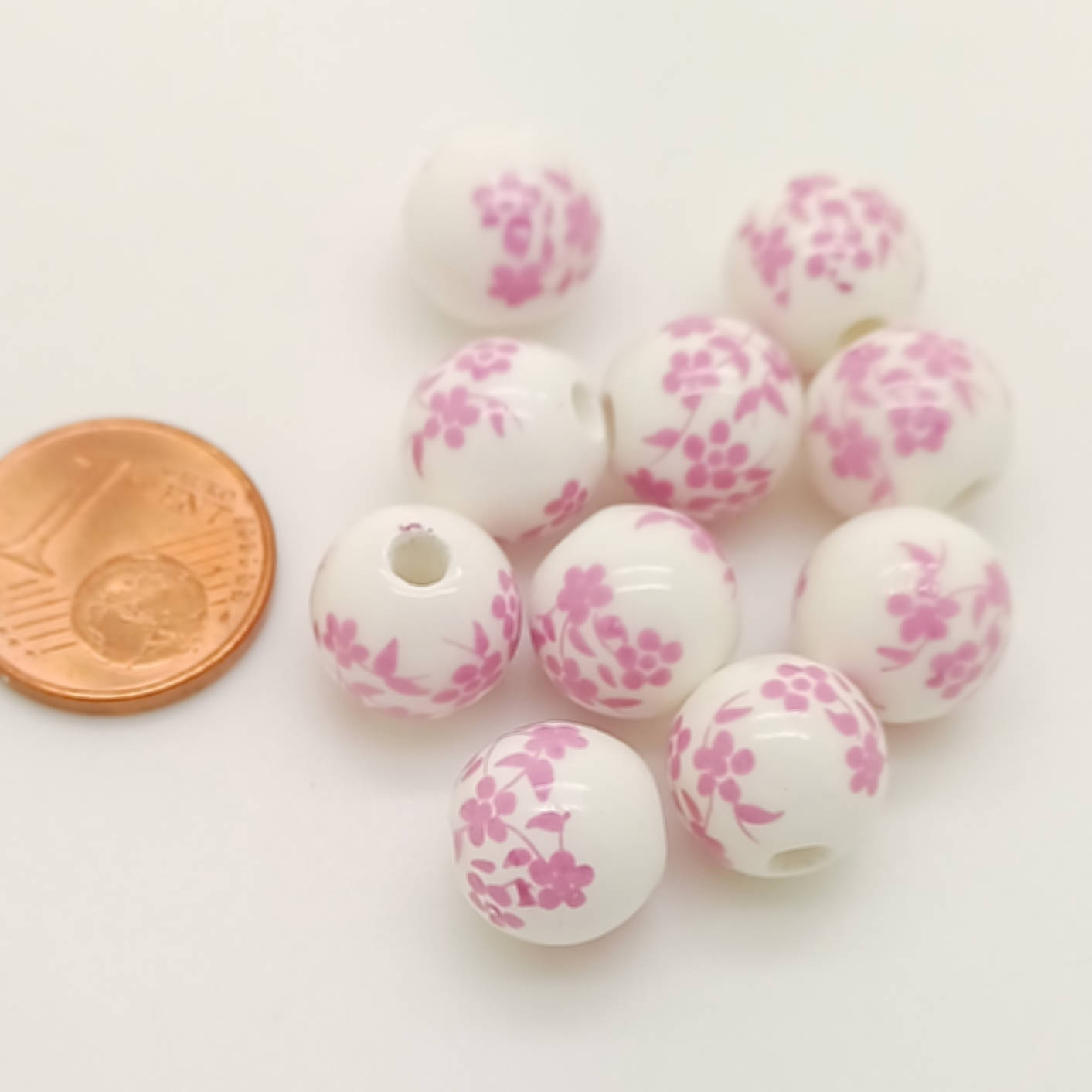 POR-33 perles porcelaine rondes 10mm fleurs