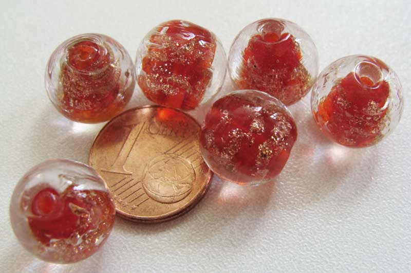 perles verre 12mm rouge dore