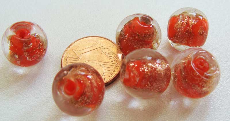 perles verre 12mm rouge orange dore