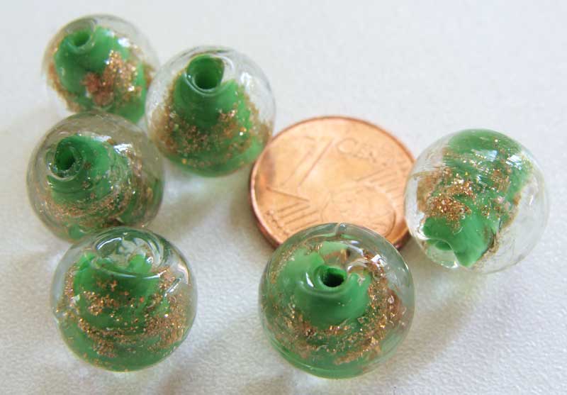perles verre 12mm vert dore