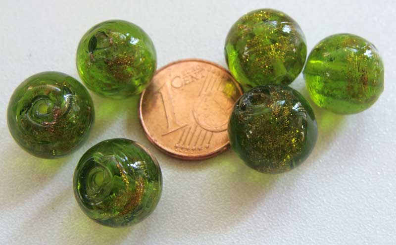 perles verre 12mm vert fonce dore
