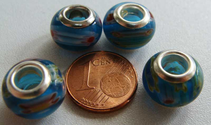 perle verre bleu millefiori grand trou gt-32