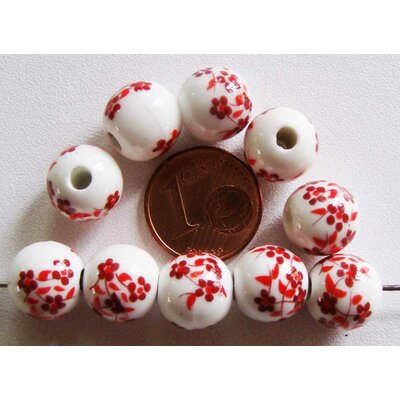 perle porcelaine blanc fleur rouge 10mm por-20
