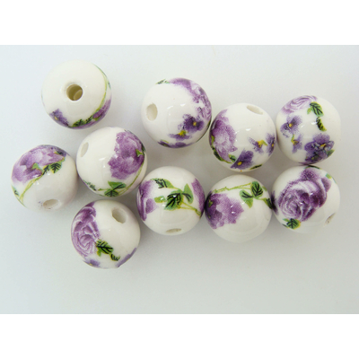 Perles PORCELAINE rondes 12mm BLANC FLEUR mauve par 10 pcs