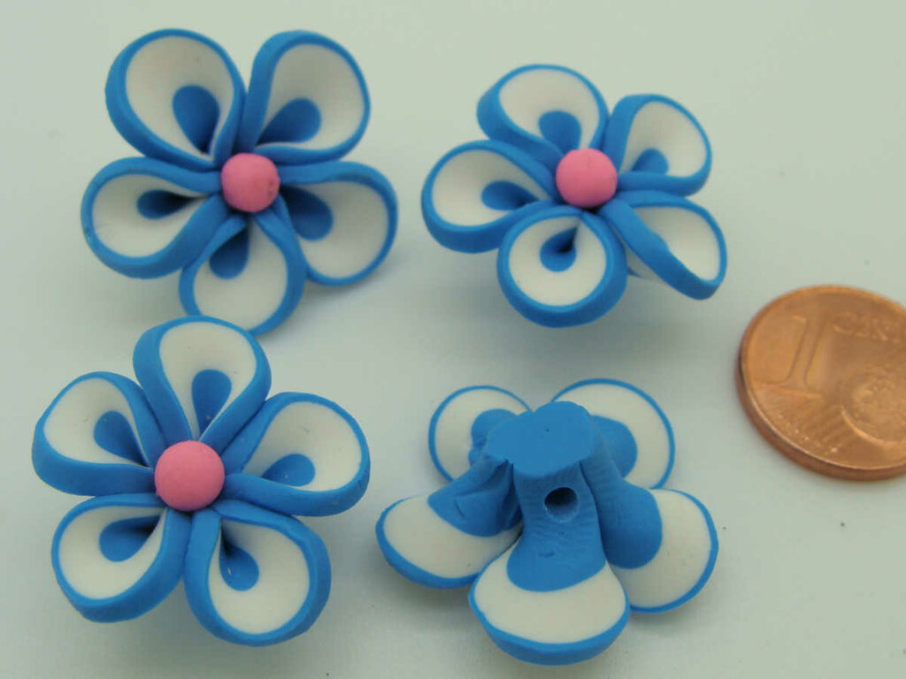 Lot De 6 Perles Fleur Rose En Pâte Fimo Polymère - Diamètre 30mm - Neuf