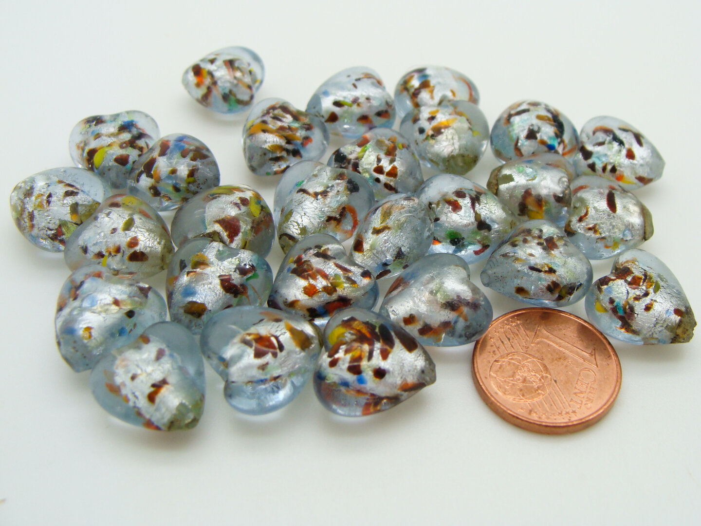 15 Perles Artisanales En Pâte De Verre Décorées à La Main - Cœur Bleu - Style Murano - Neuf