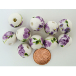 perle porcelaine fleur violette ronde 12mm blanche