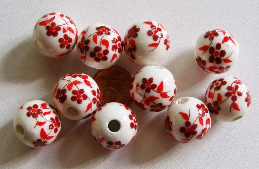 Lot De 4 Perles Céramique Porcelaine 16mm - Couleurs Blanc, Rouge, Rose Corail, Neuf