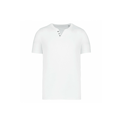 Tee-shirt homme Bleu Blanc  à Col ouvert à boutons fantaisie. Conçu à partir de 80% coton biologique et 20% polyester recyclé.